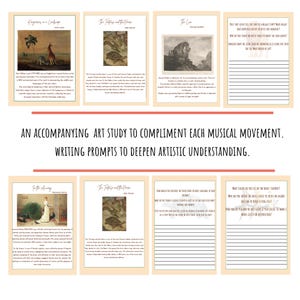 May include: A set of printable worksheets with writing prompts for an art study. The worksheets feature images of paintings and text about the artwork. The text includes the title of the artwork, the artist's name, and a brief description of the artwork. The writing prompts encourage students to think critically about the artwork and to express their own interpretations.