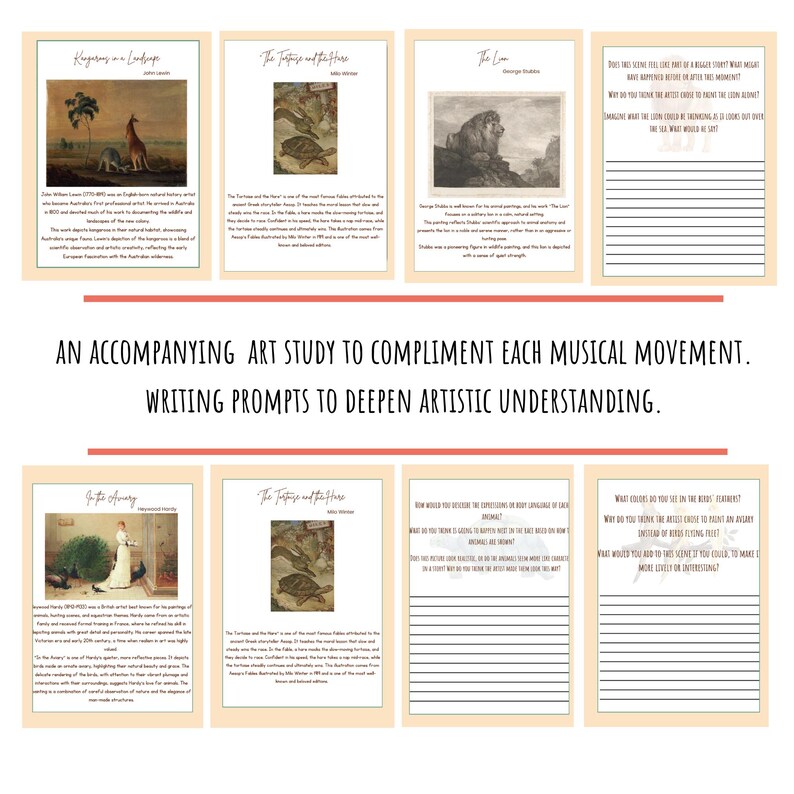 May include: A set of printable worksheets with writing prompts for an art study. The worksheets feature images of paintings and text about the artwork. The text includes the title of the artwork, the artist's name, and a brief description of the artwork. The writing prompts encourage students to think critically about the artwork and to express their own interpretations.