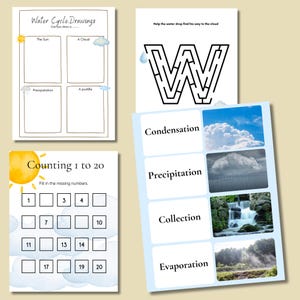 May include: Educational worksheets for children. Features a water cycle diagram, a maze, and a counting exercise from 1 to 20. The worksheets include illustrations of the sun, clouds, and water-related processes.