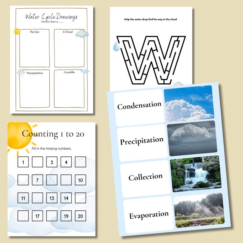 May include: Educational worksheets for children. Features a water cycle diagram, a maze, and a counting exercise from 1 to 20. The worksheets include illustrations of the sun, clouds, and water-related processes.