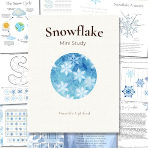 Op de afbeelding: Een verzameling educatieve printables met een winterthema. De centrale afbeelding is een aquarel cirkel met sneeuwvlokontwerpen. De titel "Snowflake Mini Study" staat prominent weergegeven. Andere pagina's tonen de sneeuwcyclus, sneeuwvlokanatomie en activiteiten.