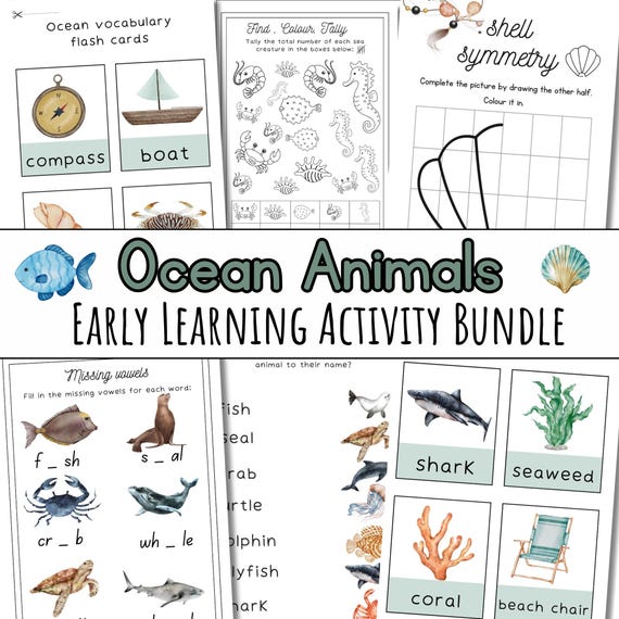 Ocean Animals Bundle, Prek flashcards, montessori activities, marine life worksheets, preschool kindergarten curriculum, homeschool activity
