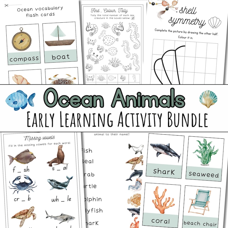 May include: A set of printable ocean-themed educational activity sheets for early learners. The sheets include vocabulary flash cards, a color-by-number activity, a symmetry activity, and a missing vowel activity. The sheets feature illustrations of ocean animals, such as fish, sea turtles, and starfish.