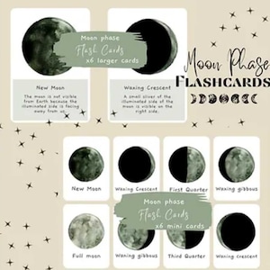 Puede incluir: Un conjunto de tarjetas de memoria de las fases lunares con ilustraciones de la luna en diferentes fases. El conjunto incluye 6 tarjetas grandes y 6 tarjetas pequeñas. Las tarjetas están impresas en papel blanco con texto negro e ilustraciones de acuarela verde.