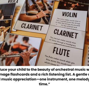 Pu&ograve; includere: Flashcard educative con immagini di strumenti musicali, tra cui un violino, un clarinetto e un flauto. Ogni carta ha un testo che spiega come lo strumento produce il suono. L'immagine include anche il testo: "Introduci tuo figlio alla bellezza della musica orchestrale."