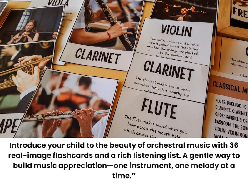 Pu&ograve; includere: Flashcard educative con immagini di strumenti musicali, tra cui un violino, un clarinetto e un flauto. Ogni carta ha un testo che spiega come lo strumento produce il suono. L'immagine include anche il testo: "Introduci tuo figlio alla bellezza della musica orchestrale."