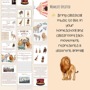 May include: A printable educational resource for homeschool or classroom use. The resource features a colorful illustration of a circus tent and animals, with the text "Bring classical music to life in your home school and classroom! Each movement represents a different animal!"