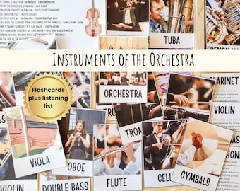 Può includere: Un insieme di flashcard "Strumenti dell'Orchestra" con immagini di vari strumenti come violino, flauto e tuba. Le carte includono il nome dello strumento e una lista di ascolto.