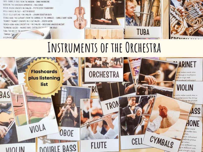 Pu&ograve; includere: Un insieme di flashcard "Strumenti dell'Orchestra" con immagini di vari strumenti come violino, flauto e tuba. Le carte includono il nome dello strumento e una lista di ascolto.