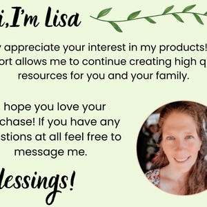 Pu&ograve; includere: Sfondo verde chiaro con il testo "Hi, I'm Lisa" e un rametto di foglie verdi. Il testo esprime apprezzamento per l'interesse e il supporto del cliente. Una foto di una donna &egrave; in una cornice circolare e la parola "Blessings!" &egrave; in basso.