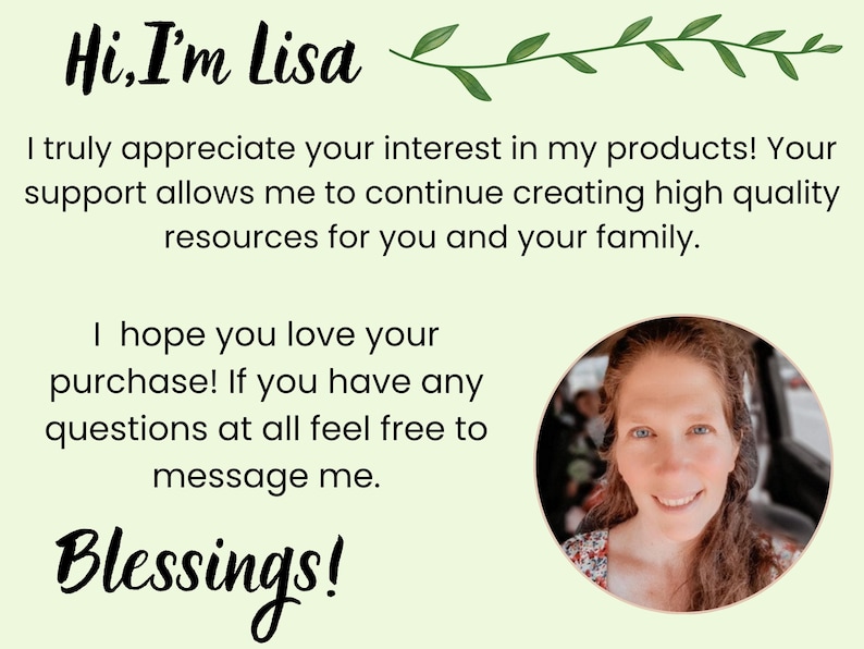 Pu&ograve; includere: Sfondo verde chiaro con il testo "Hi, I'm Lisa" e un rametto di foglie verdi. Il testo esprime apprezzamento per l'interesse e il supporto del cliente. Una foto di una donna &egrave; in una cornice circolare e la parola "Blessings!" &egrave; in basso.