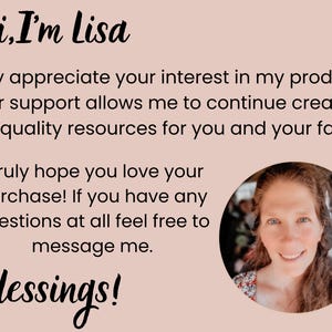 K&ouml;nnte beinhalten: Eine hellrosa Informationskarte mit dem Text: Hi, I'm Lisa. I truly appreciate your interest in my products! Your support allows me to continue creating high quality resources for you and your family. I truly hope you love your purchase! If you have any questions at all feel free to message me. Blessings! Ein kreisf&ouml;rmiges Foto einer Person mit langem braunem Haar ist enthalten.