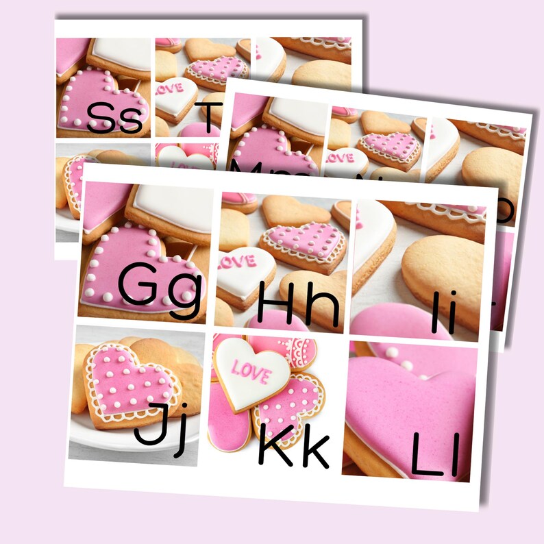 May include: A collage of heart-shaped cookies, some with the letters S, G, J, and K, and others with the letters T, H, I, and L. The cookies are decorated with pink icing and white sprinkles. Some cookies have the word "LOVE" on them.
