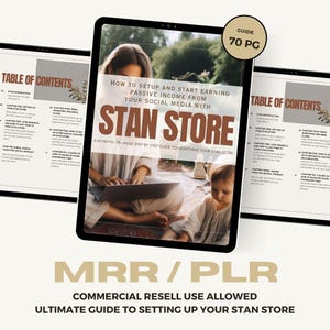 May include: A digital product guide titled "Stan Store" with a brown and white color scheme. The guide is 70 pages long and provides step-by-step instructions on how to set up and start earning passive income from social media. The guide is marketed as an MRR/PLR product, meaning it can be resold or used for private label rights.