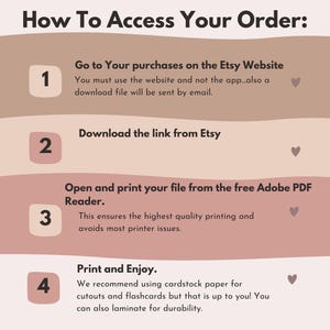 K&ouml;nnte beinhalten: Eine Anleitungsgrafik mit dem Titel How To Access Your Order mit vier nummerierten Schritten auf geschichteten beigen und braunen Formen. Sie erkl&auml;rt den Zugriff auf K&auml;ufe auf der Etsy-Website, das Herunterladen von Links und das Drucken.