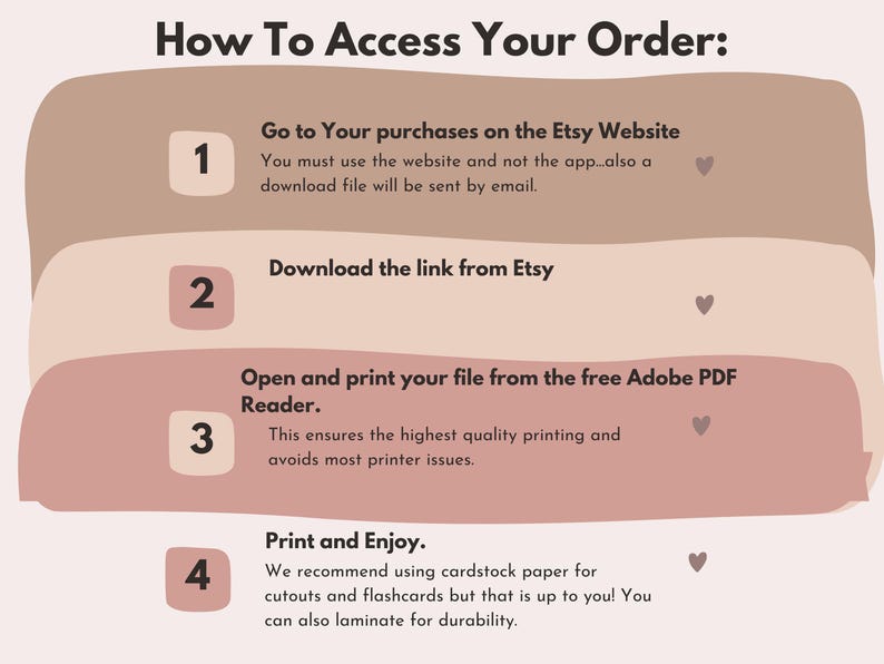 K&ouml;nnte beinhalten: Eine Anleitungsgrafik mit dem Titel How To Access Your Order mit vier nummerierten Schritten auf geschichteten beigen und braunen Formen. Sie erkl&auml;rt den Zugriff auf K&auml;ufe auf der Etsy-Website, das Herunterladen von Links und das Drucken.