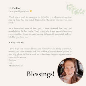 May include: A beige card with text that reads "Hi, I'm Lisa. I'm so grateful you're here." The card also includes a photo of a woman and the words "Blessings!" and "Momlife Uplifted."