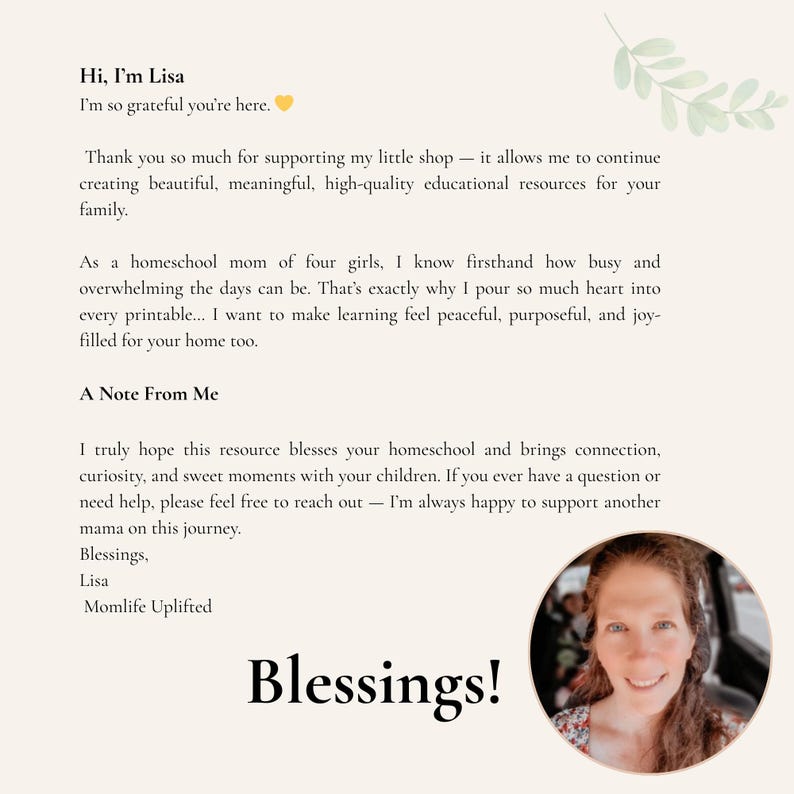 May include: A beige card with text that reads "Hi, I'm Lisa. I'm so grateful you're here." The card also includes a photo of a woman and the words "Blessings!" and "Momlife Uplifted."