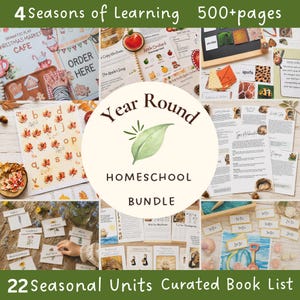 Peut inclure: Un kit éducatif Year Round Homeschool Bundle comprenant plus de 500 pages de matériel pédagogique réparties sur 22 unités saisonnières. La collection inclut des fiches d'activités, des cartes alphabétiques, des guides de nature et des fiches de calcul.