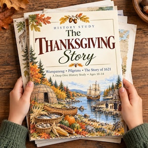 May include: A softcover book titled History Study The Thanksgiving Story Wampanoag Pilgrims The Story of 1621 A Deep-Dive History Study Ages 10-14. The cover features an illustration of a wigwam, a sailing ship, and autumn harvest items.