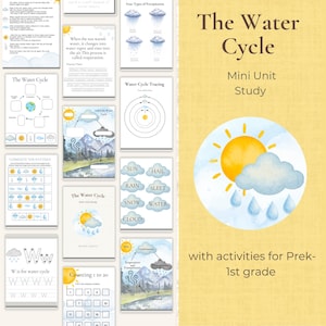 May include: Educational worksheets on the water cycle for PreK-1st grade. The pages include diagrams, tracing exercises, and pattern completion activities. The title "The Water Cycle" is displayed, with illustrations of the sun, clouds, and rain. Metric measurements are used.