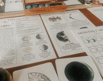 Puede incluir: Un conjunto de tarjetas educativas que ilustran las ocho fases lunares. Las tarjetas presentan ilustraciones en blanco y negro de la luna en cada fase, con texto que describe la fase y sus características. Las tarjetas están impresas en cartulina blanca y son perfectas para enseñar a los niños sobre la luna.