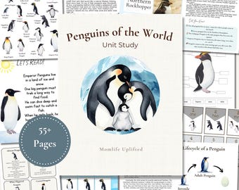May include: A unit study titled "Penguins of the World" with illustrations of various penguin species. The cover features a watercolor image of a penguin family. Additional pages detail penguin facts and the penguin life cycle.