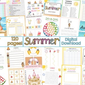 May include: A digital download of 120 summer-themed activity pages. The sheets include a summer bucket list, reading list, and do-a-dot activities. The illustrations feature beach-related items in a palette of blues, yellows, and pinks. The word 'Summer' is prominently displayed.