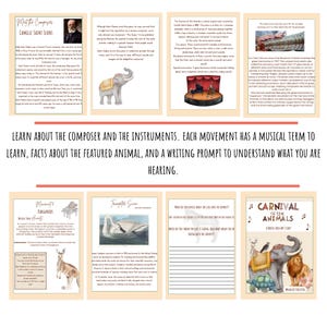 May include: A colorful printable educational resource for children featuring a musical theme. The resource includes a composer, Camille Saint-Sa&euml;ns, and a musical piece, Carnival of the Animals. The resource also features a kangaroo, a swan, and an elephant.