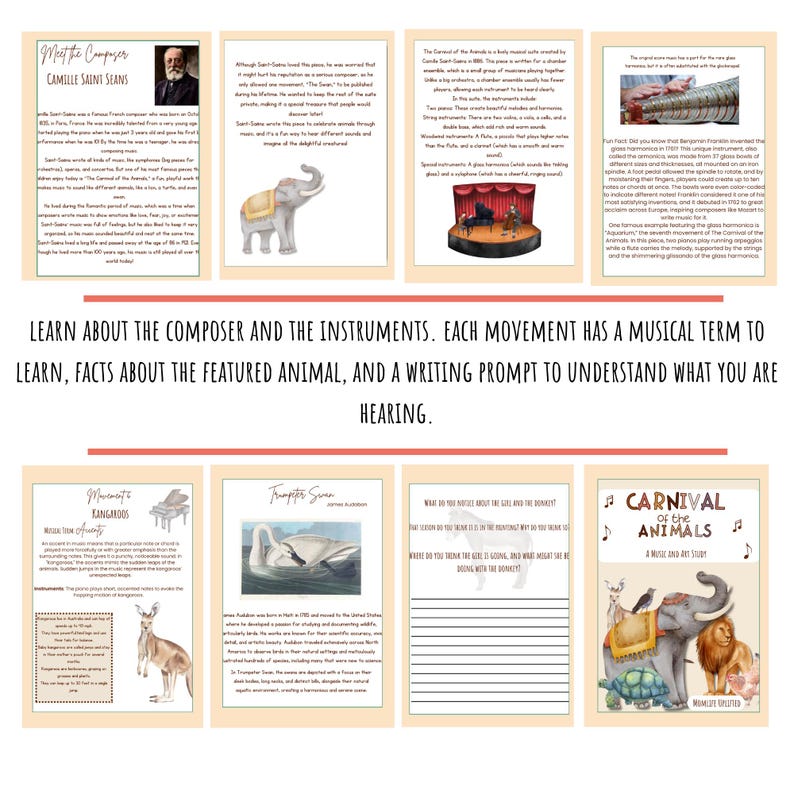 May include: A colorful printable educational resource for children featuring a musical theme. The resource includes a composer, Camille Saint-Sa&euml;ns, and a musical piece, Carnival of the Animals. The resource also features a kangaroo, a swan, and an elephant.
