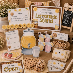 Könnte beinhalten: Eine Sammlung von Spielzeugessen und Schildern für einen Limonadenstand. Enthält eine Speisekarte, ein Bestellformular und Schilder mit der Aufschrift "Lemonade Stand" und "We are Open". Außerdem Kekse, Limonade und Erdbeerscheiben.