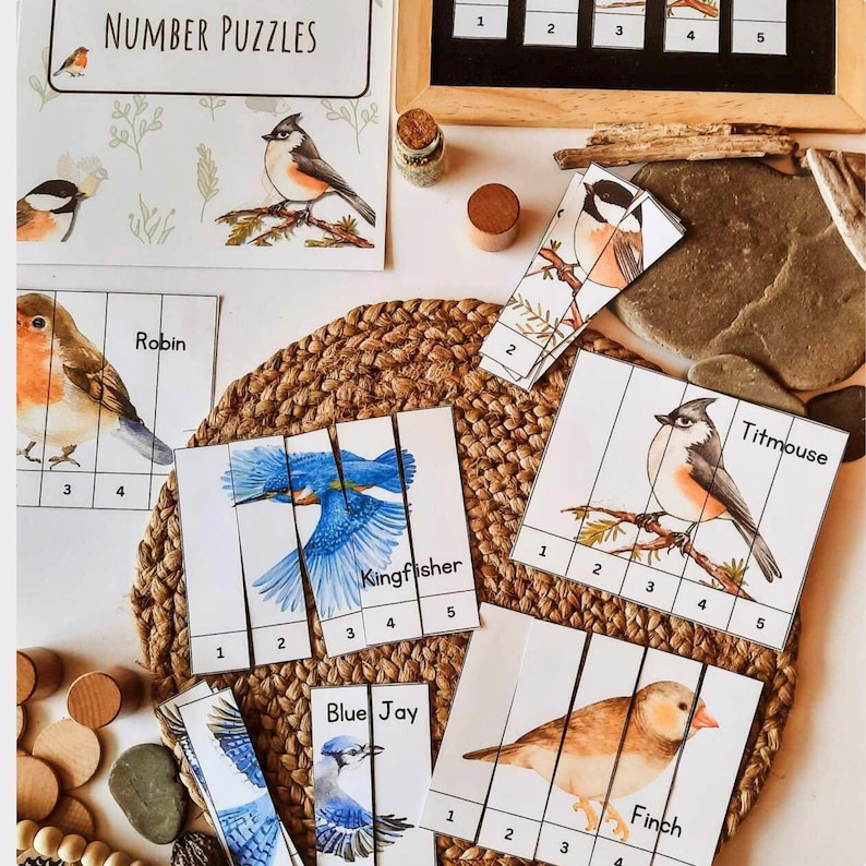 Op de afbeelding: Educatieve getallenpuzzels met vogelillustraties. De puzzels bevatten afbeeldingen van een Roodborstje, IJsvogel, Blue Jay, Kuifmees en Vink. Elke puzzel is verdeeld in genummerde secties, met de tekst "NUMBER PUZZLES" bovenaan.