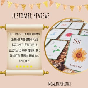 Puede incluir: Una rese&ntilde;a de un cliente para un conjunto de tarjetas de memoria del alfabeto con una ilustraci&oacute;n de girasol para la letra "S". La rese&ntilde;a elogia la respuesta r&aacute;pida y la asistencia del vendedor, as&iacute; como el trabajo bellamente ilustrado, perfecto para los recursos de ense&ntilde;anza de Charlotte Mason.