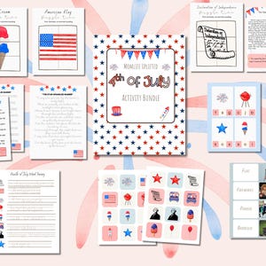 K&ouml;nnte beinhalten: Ein 4.-Juli-Aktivit&auml;tenpaket mit mehreren druckbaren Bl&auml;ttern zu patriotischen Themen. Die Sammlung umfasst Wort&uuml;bungen, Puzzles, Ausmalbilder und Lernkarten, die mit amerikanischen Flaggen, Sternen, Feuerwerk sowie rot-wei&szlig;-blauen Motiven verziert sind.