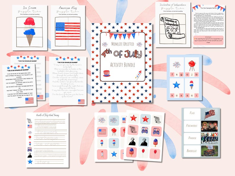 K&ouml;nnte beinhalten: Ein 4.-Juli-Aktivit&auml;tenpaket mit mehreren druckbaren Bl&auml;ttern zu patriotischen Themen. Die Sammlung umfasst Wort&uuml;bungen, Puzzles, Ausmalbilder und Lernkarten, die mit amerikanischen Flaggen, Sternen, Feuerwerk sowie rot-wei&szlig;-blauen Motiven verziert sind.