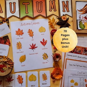 May include: A collection of autumn-themed educational materials. Includes a banner that says "AUTUMN", flashcards, and a worksheet titled "Autumn Leaves" with leaf illustrations. A circular graphic states "70 Pages plus Bonus Unit!"