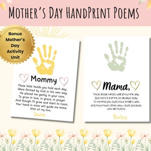 Muttertags-Handabdruck-Gedicht, druckbarer Muttertags-Handabdruck, Mutter-Handabdruck-Handwerk, Kleinkind-Muttertag, Muttertags-Andenken-Karten