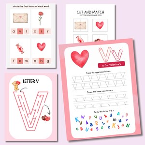 May include: A collection of Valentine's Day-themed educational worksheets. The pages feature illustrations of hearts, envelopes, and roses. One worksheet focuses on the letter "V" with tracing exercises and a maze. Other pages include matching and circling activities.