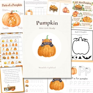 May include: A Pumpkin Mini Unit Study educational packet featuring multiple activity sheets with illustrations of pumpkins, a cat inside a pumpkin, pattern completion tasks, handwriting practice for the letter P, and informational text about pumpkins.