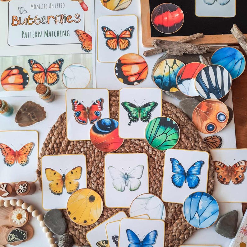 Op de afbeelding: Een verzameling vlinderpatroonkaarten en cirkelvormige uitsparingen. De kaarten bevatten illustraties van vlinders in verschillende kleuren, waaronder oranje, blauw en groen. De tekst "Butterflies Pattern Matching" is zichtbaar.
