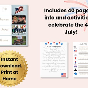 K&ouml;nnte beinhalten: Ein 40-seitiges druckbares Aktivit&auml;tsset f&uuml;r den 4. Juli mit einer Wortliste mit Bildern von Flagge, Feuerwerk, Parade und Grillfest, einer Seite mit dem Text des Star-Spangled Banner und einem Arbeitsblatt zum Nachspuren von W&ouml;rtern.