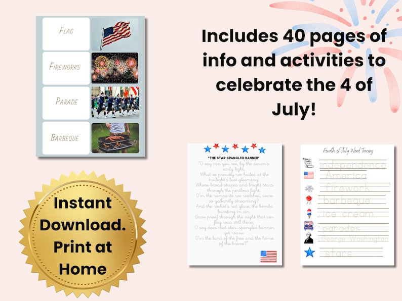 K&ouml;nnte beinhalten: Ein 40-seitiges druckbares Aktivit&auml;tsset f&uuml;r den 4. Juli mit einer Wortliste mit Bildern von Flagge, Feuerwerk, Parade und Grillfest, einer Seite mit dem Text des Star-Spangled Banner und einem Arbeitsblatt zum Nachspuren von W&ouml;rtern.