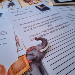 May include: A printable worksheet with an illustration of an elephant and text that reads "Meet the Composer Camille Saint-Sa&euml;ns". The worksheet includes questions about the painting, such as "What do you notice first when you look at this painting?" and "Can you describe the light in this picture?"