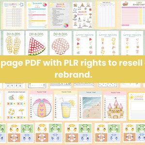 May include: A selection of summer-themed activity sheets with illustrations of beach balls, watermelon, and other summer icons. The pages include reading lists, reward charts, and matching games. The image text reads "120 page PDF with PLR rights to resell and rebrand."