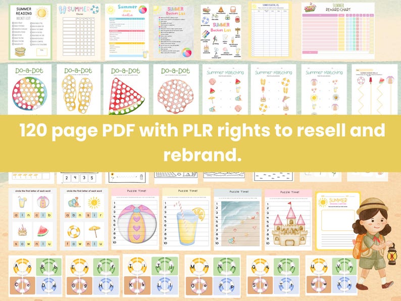 May include: A selection of summer-themed activity sheets with illustrations of beach balls, watermelon, and other summer icons. The pages include reading lists, reward charts, and matching games. The image text reads "120 page PDF with PLR rights to resell and rebrand."