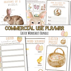 May include: A printable Easter worksheet bundle with activities for kids. The worksheets include an Easter acrostic poem, a word scramble, and an Easter puzzle. The worksheets feature a watercolor illustration of a bunny rabbit and Easter eggs.