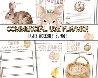 May include: A printable Easter worksheet bundle with activities for kids. The worksheets include an Easter acrostic poem, a word scramble, and an Easter puzzle. The worksheets feature a watercolor illustration of a bunny rabbit and Easter eggs.
