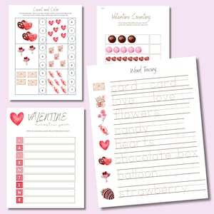 May include: Four pages of Valentine's Day themed educational worksheets. The worksheets include counting, tracing, and acrostic poem activities. The pages feature illustrations of hearts, chocolates, balloons, and other Valentine's Day related images. The text includes "Count and Color", "Valentine Counting", "Word Tracing", and "VALENTINE acrostic poem".