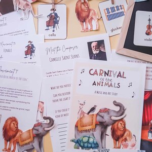 May include: A colorful educational resource for learning about the Carnival of the Animals by Camille Saint-Sa&euml;ns. The resource includes a music and art study with illustrations of animals, musical notes, and text about the composer.