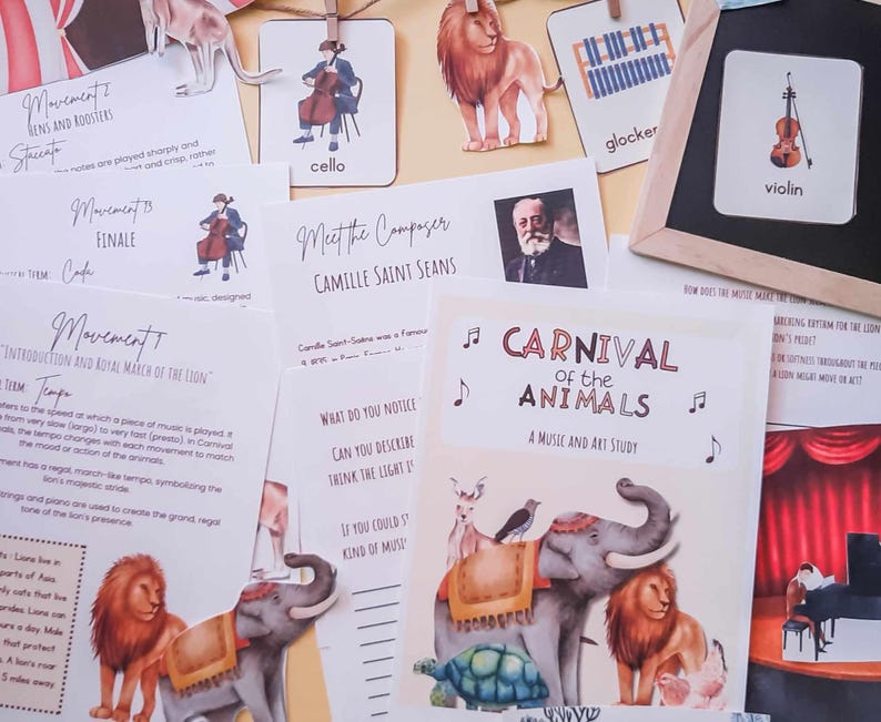 May include: A colorful educational resource for learning about the Carnival of the Animals by Camille Saint-Sa&euml;ns. The resource includes a music and art study with illustrations of animals, musical notes, and text about the composer.